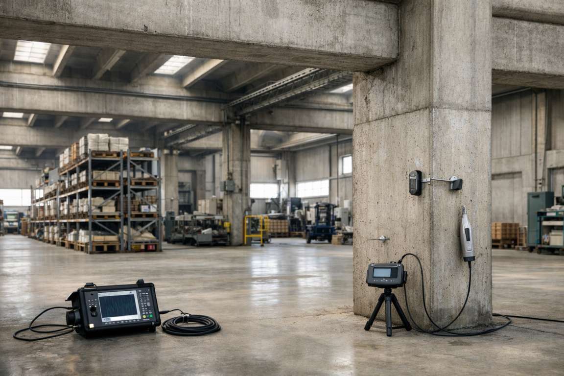 Indagini strutturali non distruttive su pilastri e travi di un edificio industriale