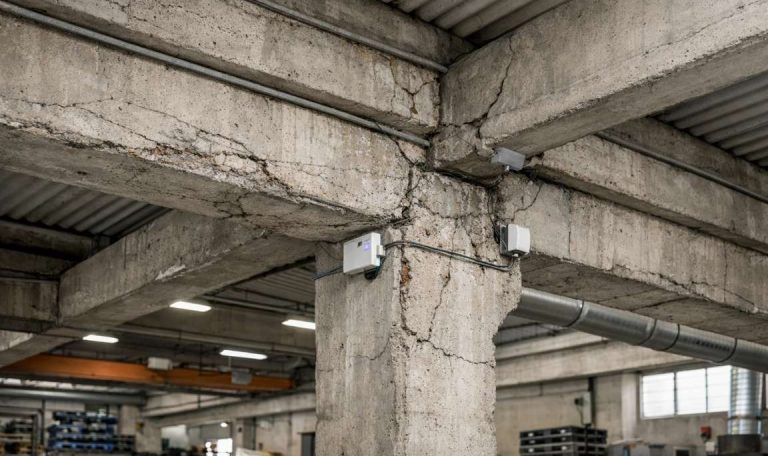Segnali di patologie strutturali su pilastri e travi di un capannone industriale