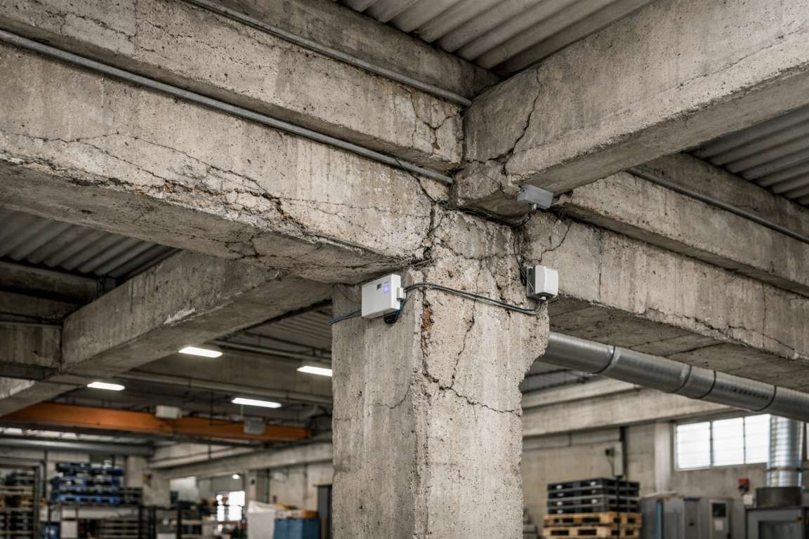 Segnali di patologie strutturali su pilastri e travi di un capannone industriale