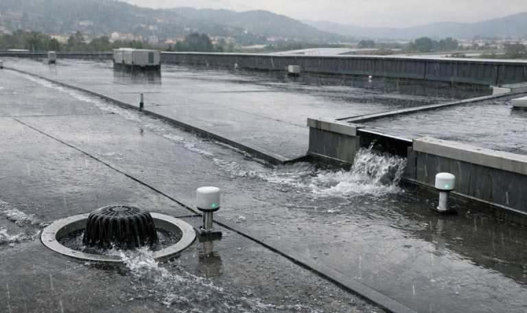 Deflusso delle acque meteoriche su copertura di capannone industriale