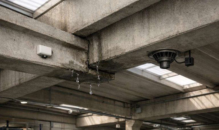 Segni di infiltrazioni d'acqua nella copertura di un edificio industriale