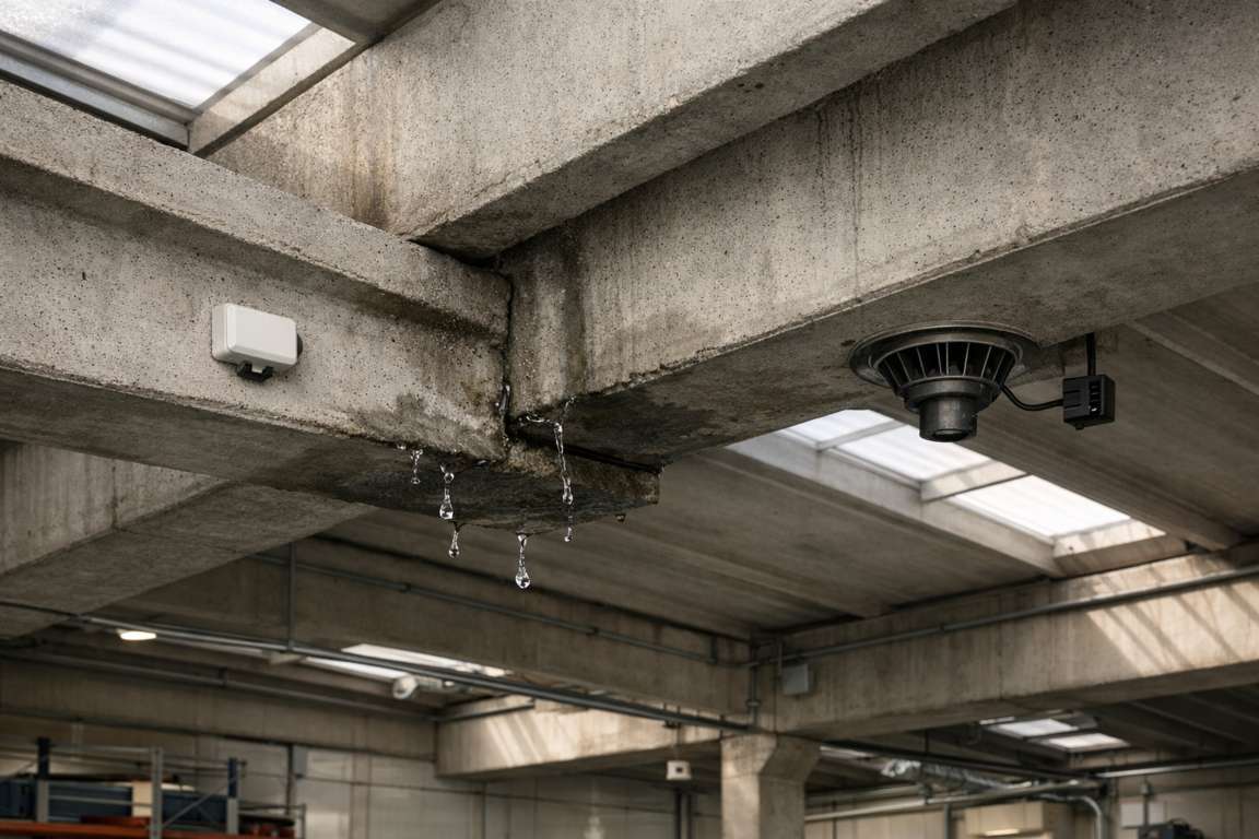 Segni di infiltrazioni d'acqua nella copertura di un edificio industriale