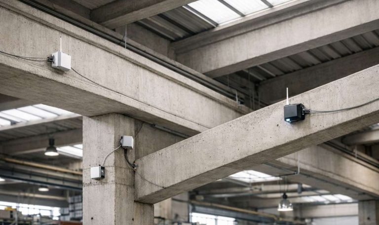 Sensori per monitoraggio strutturale installati in un edificio industriale