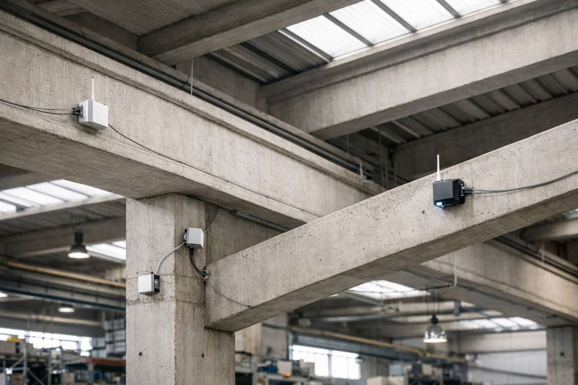 Sensori per monitoraggio strutturale installati in un edificio industriale