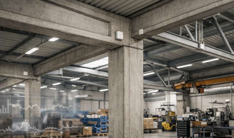Monitoraggio strutturale predittivo con sensori su edificio industriale
