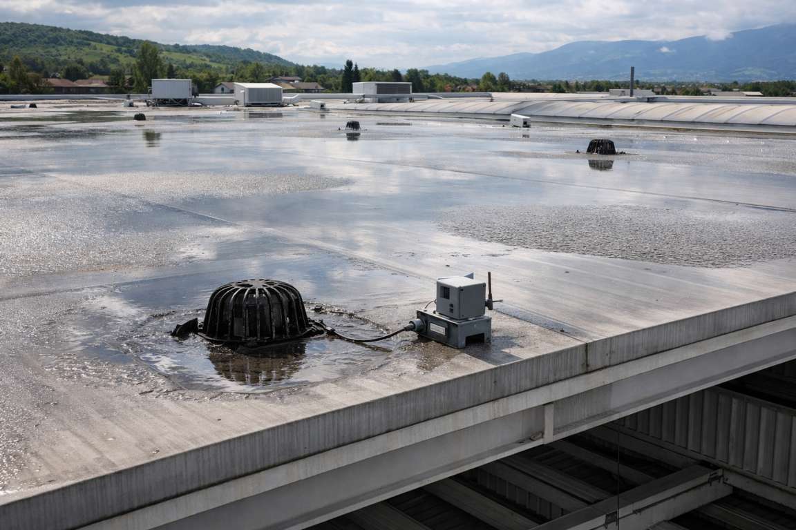 Sovraccarico da accumulo d'acqua sulla copertura di un capannone industriale