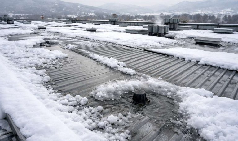 Accumulo di neve su tetto di capannone industriale