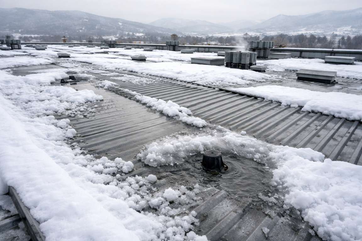 Accumulo di neve su tetto di capannone industriale