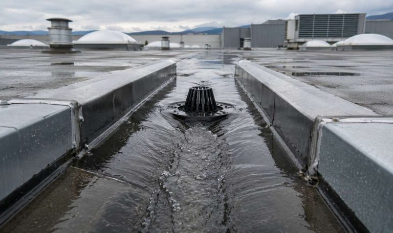 Sistema di drenaggio su copertura di capannone industriale