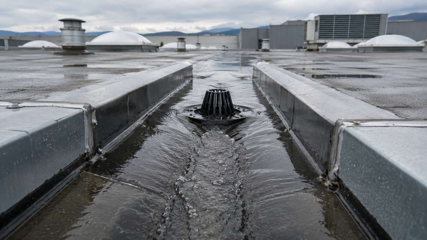 Sistema di drenaggio su copertura di capannone industriale