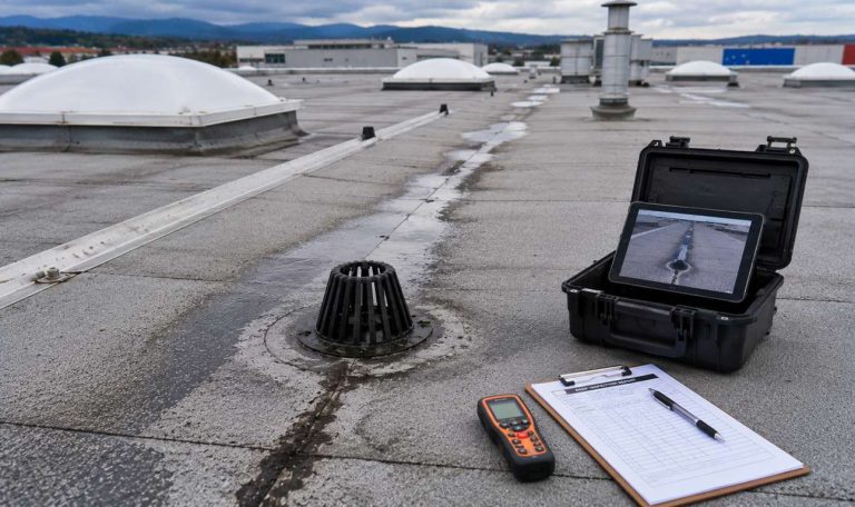 Ispezione tecnica di una copertura industriale per verificarne lo stato di conservazione