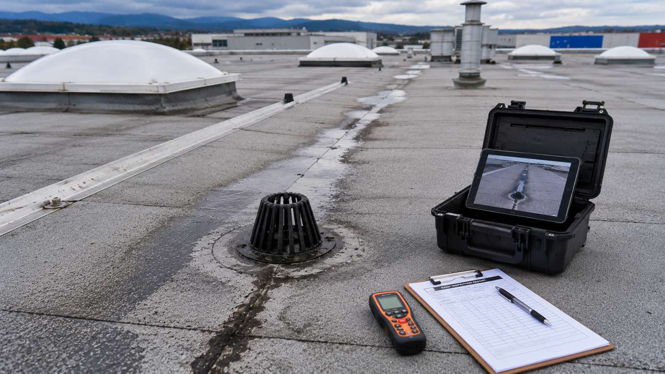 Ispezione tecnica di una copertura industriale per verificarne lo stato di conservazione