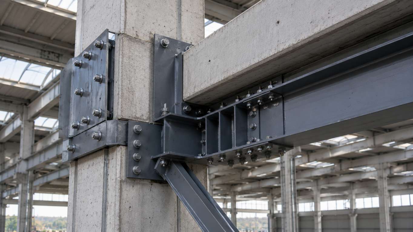 Collegamento strutturale tra pilastro e trave in edificio industriale prefabbricato