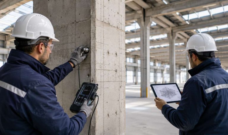 Tecnici durante indagini diagnostiche non distruttive in un capannone industriale