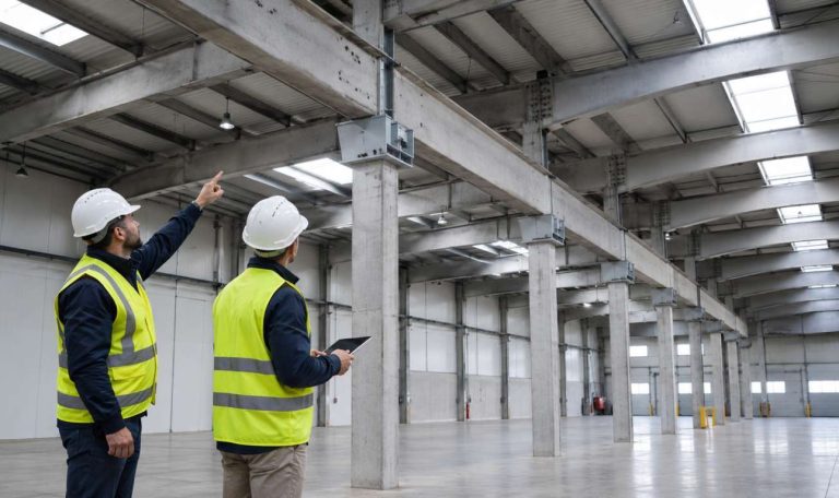 Tecnici durante un'ispezione periodica di un edificio industriale