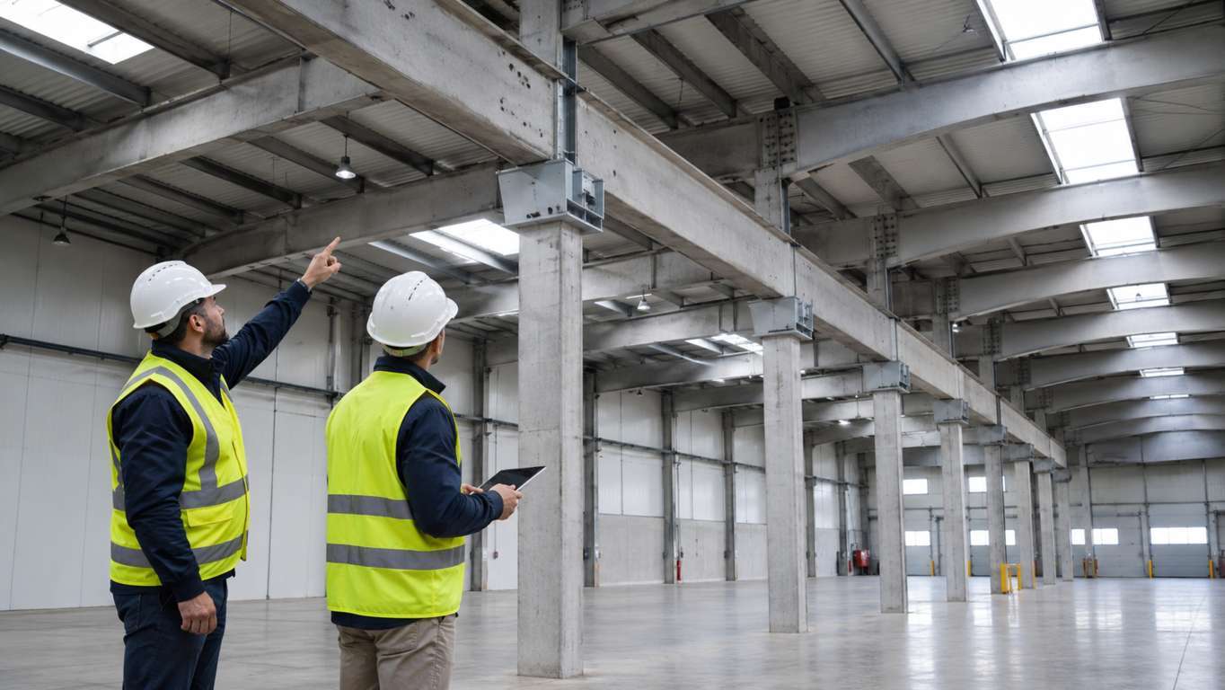 Tecnici durante un'ispezione periodica di un edificio industriale