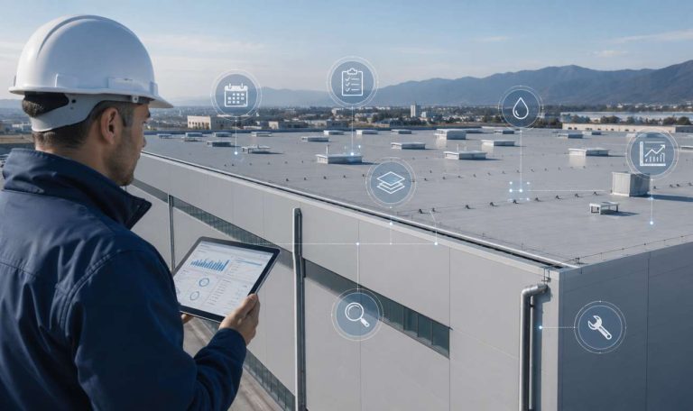 Tecnici pianificano gli interventi di manutenzione di un capannone industriale