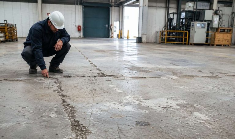 Tecnico durante l’ispezione di crepe e giunti deteriorati in una pavimentazione industriale.