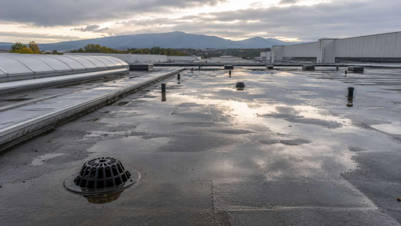 Accumuli di acqua piovana su una copertura industriale con sistema di drenaggio