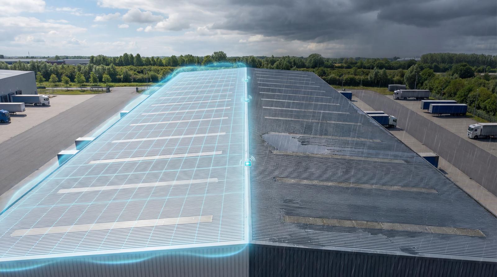 Monitoraggio predittivo di una copertura industriale durante un evento meteo Copertura di un capannone industriale sottoposta a monitoraggio predittivo durante un evento atmosferico