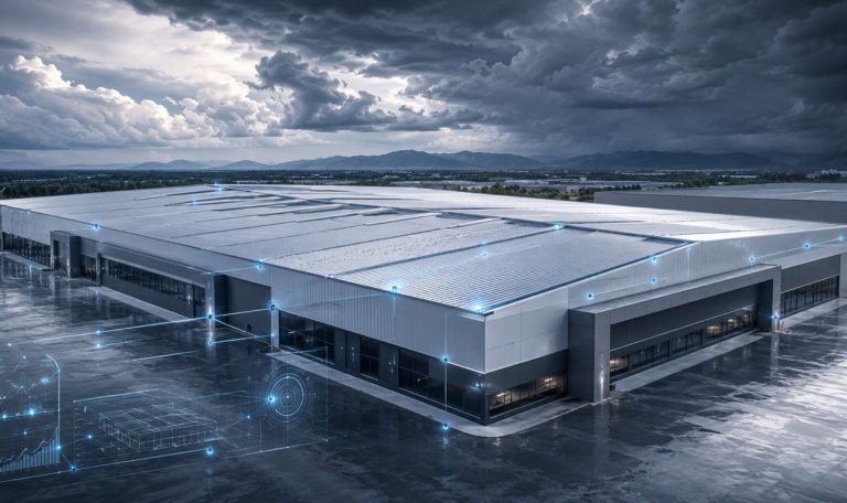 Capannone industriale sottoposto a monitoraggio predittivo durante un evento atmosferico intenso
