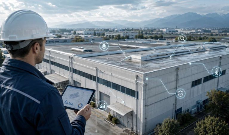 Tecnici eseguono una valutazione dello stato di conservazione di un capannone industriale