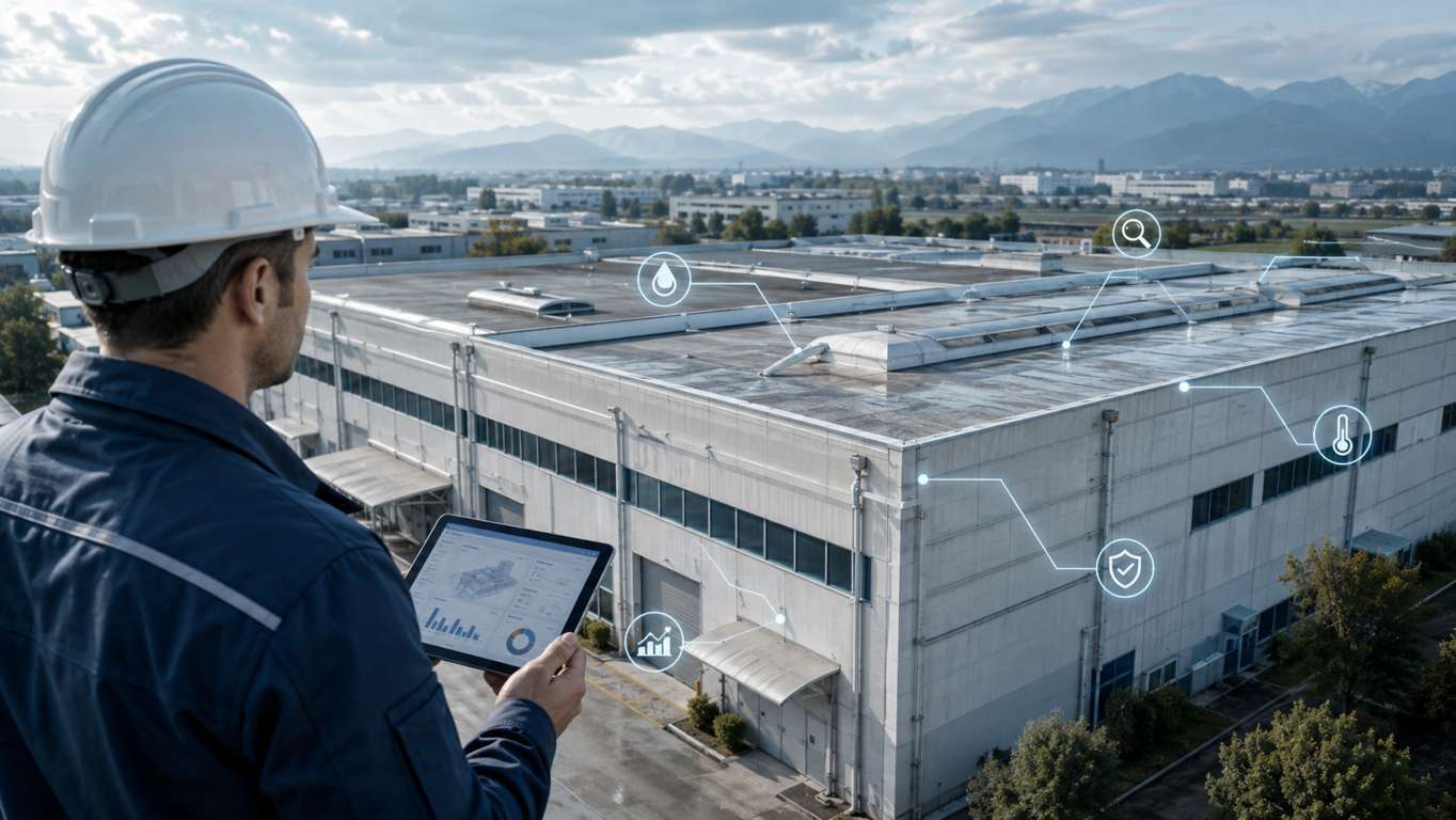 Tecnici eseguono una valutazione dello stato di conservazione di un capannone industriale