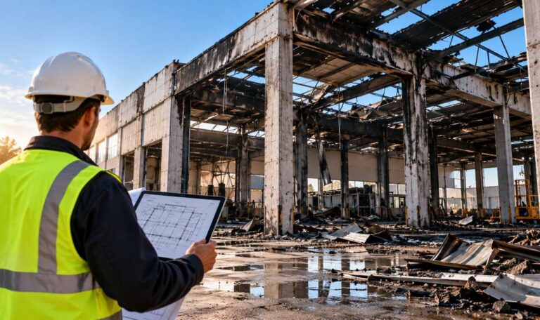 Capannone industriale danneggiato da incendio da valutare per recupero o demolizione